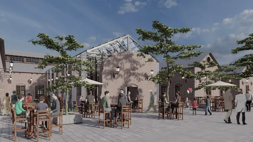 We reimagined the exterior of the Reshamkhana (Solina Silk Factory) as a lively public courtyard. This rendering shows how the preserved industrial heritage buildings now frame a new space for community interaction, outdoor cafes, and cultural events.