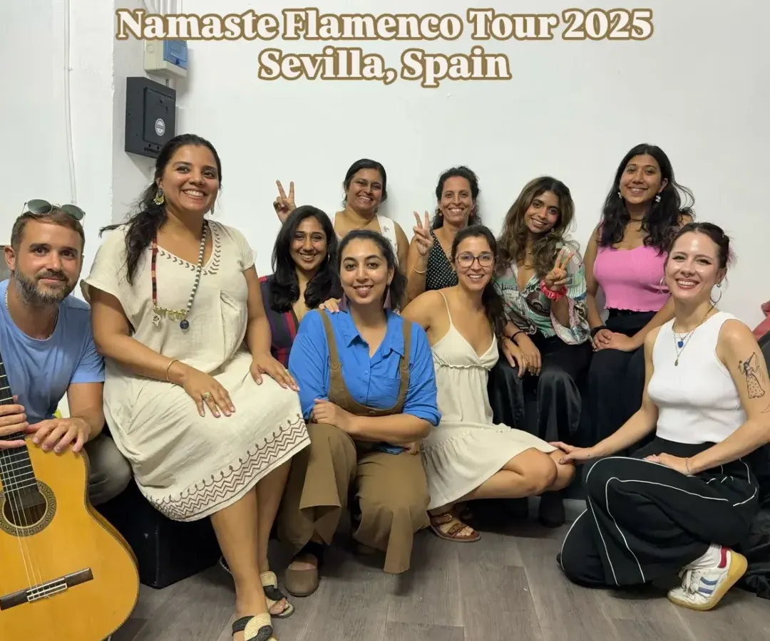 Here is our wonderful group during the 'Namaste Flamenco Tour' in Sevilla, Spain. We were in a Cante Masterclass, learning singing and musicality from world-renowned artists. This is the kind of deep immersion I love to offer my students, connecting them with the heart of Flamenco right in its birthplace.