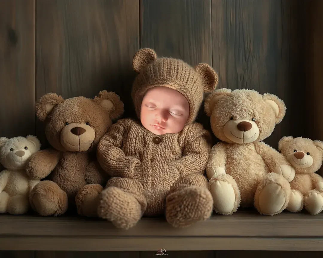 This adorable newborn is dressed as a teddy bear, nestled safely among a lineup of plush teddy friends. It's a perfect example of a themed newborn session that is both cute and timeless.