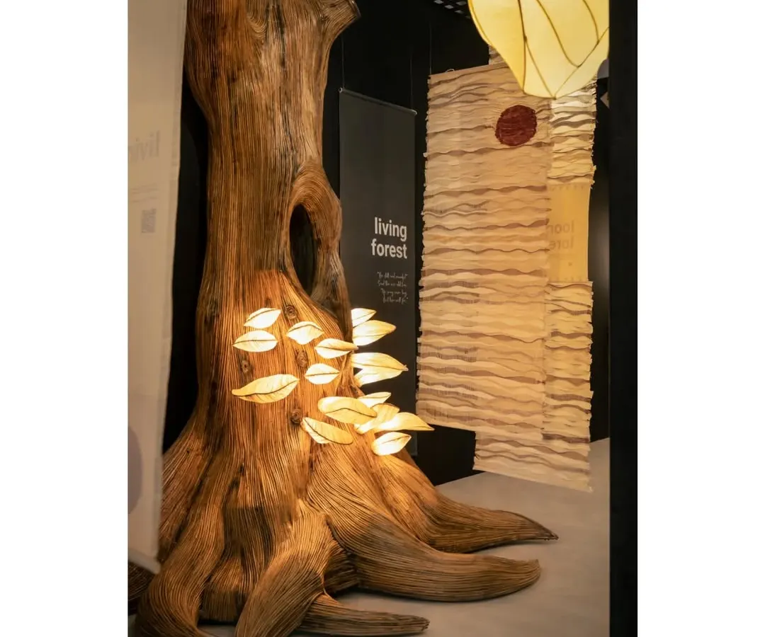 We brought a forest to life indoors for the 'Living Forest' exhibition. The centerpiece was this giant, sculptural tree, with glowing mushroom lights sprouting from its trunk. These lights were made from Lantana, an invasive weed, turning something destructive into an object of beauty and telling a powerful story of ecological balance.
