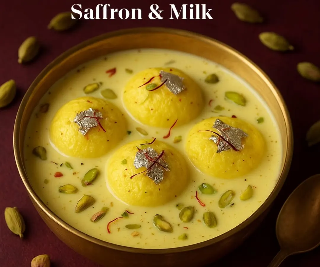 This is my Rasmalai, a true love letter written in saffron and milk. I make it with soft, milky, and tender cottage cheese patties, soaked in a rich, creamy milk base and garnished with real silver leaf.