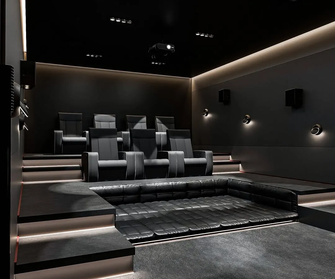 A look inside my 'Shadow Luxe' project. This design combines sleek, dark interiors with strategic ambient lighting to create a sophisticated and immersive atmosphere. Notice the unique sunken lounge area in the front, which offers a more relaxed and casual viewing option alongside the premium recliners.