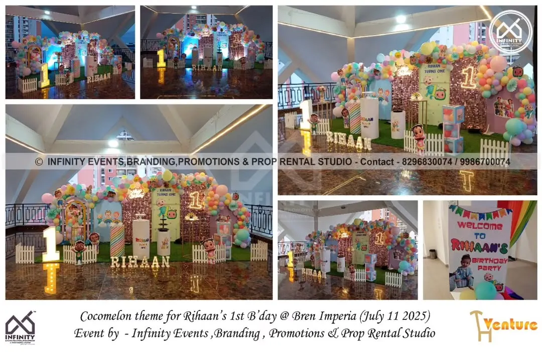 For Rihaan's first birthday, we brought the vibrant world of Cocomelon to life at Bren Imperia. This expansive setup includes a custom house backdrop, a massive organic balloon arch, character cutouts, and themed cylinder tables, making it a fun and immersive experience for the little one.