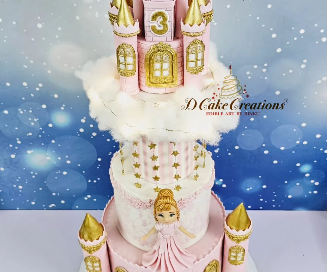 For a little princess's third birthday, I designed this magnificent four-tier castle cake. Complete with golden turrets, delicate sugar-spun clouds, and a beautiful princess figurine, it's a fairytale brought to life in pastel pink and gold.