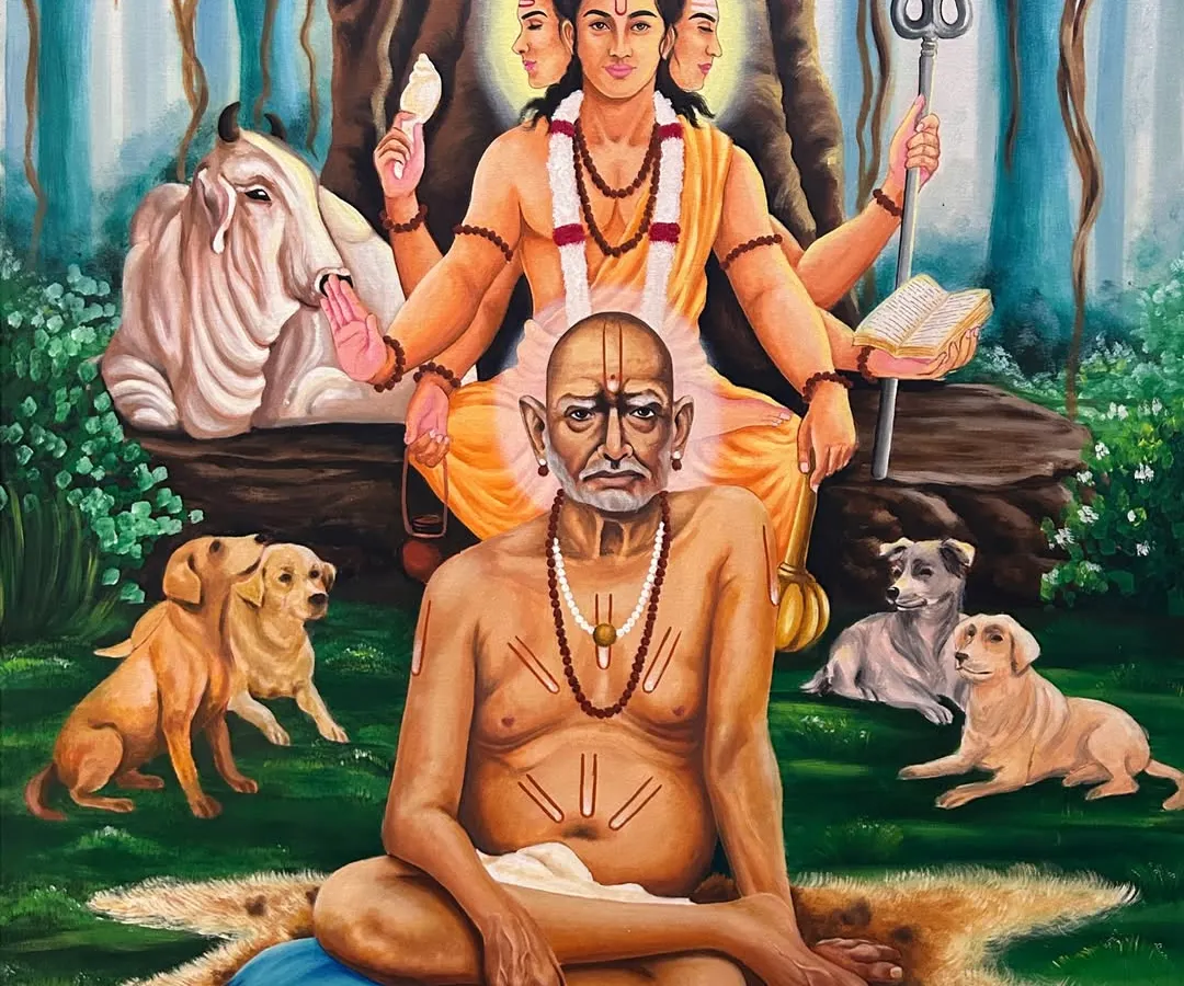 This large 5x4 ft canvas of Shri Swami Samarth and Dattaguru was a deeply spiritual project for me. I used acrylics to build layers of detail, aiming to capture the serene and divine energy of the gurus, surrounded by nature and their faithful companions.