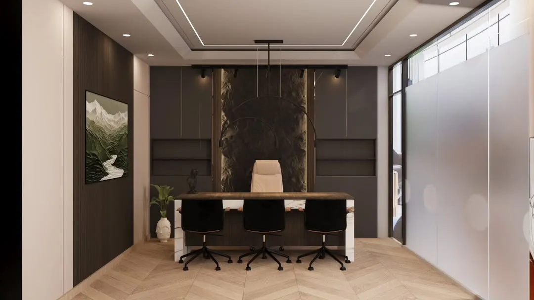 This is a 3D design for a luxury master cabin in a Delhi office. I focused on creating a powerful and sophisticated atmosphere with dark tones, a statement marble desk, and integrated storage. The layered lighting, including the cove ceiling and backlit panel, adds a rich, high-end feel.