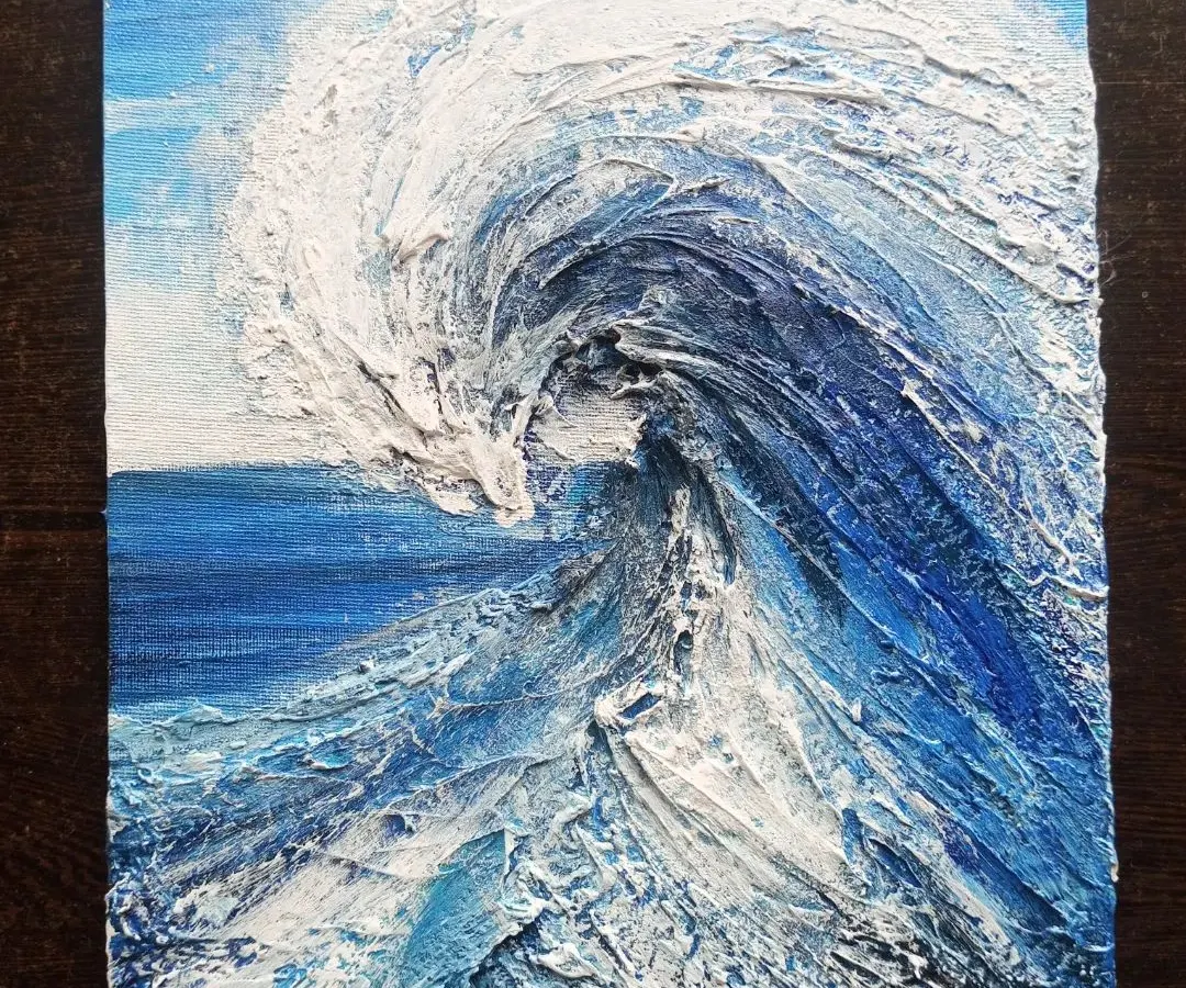 This is an example of what you can create in my texture painting class. Using texture paste and a palette knife, I built this dynamic ocean wave to show how you can bring movement and life to a canvas.