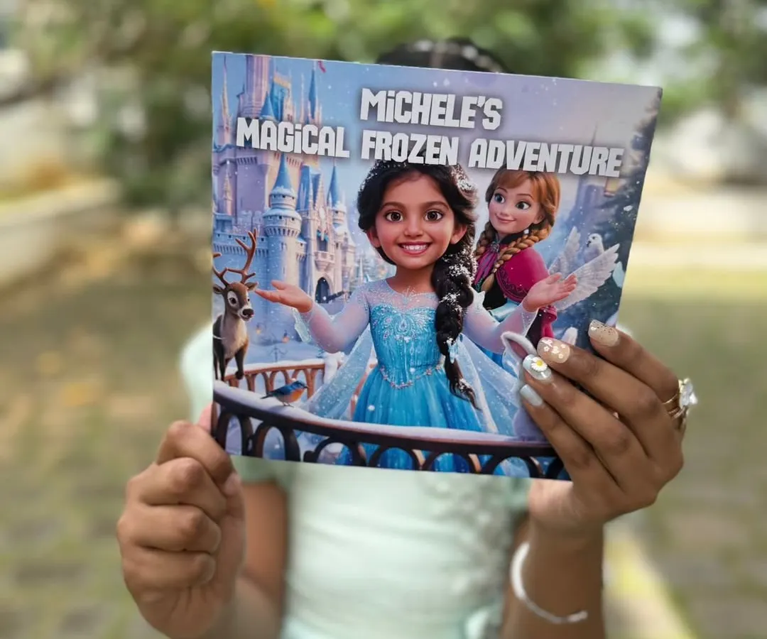 Here is a custom 'Frozen' adventure book I created, held up proudly. I transform your child's photo into a beautiful illustration that fits right into the story, making them the star alongside characters like Anna.