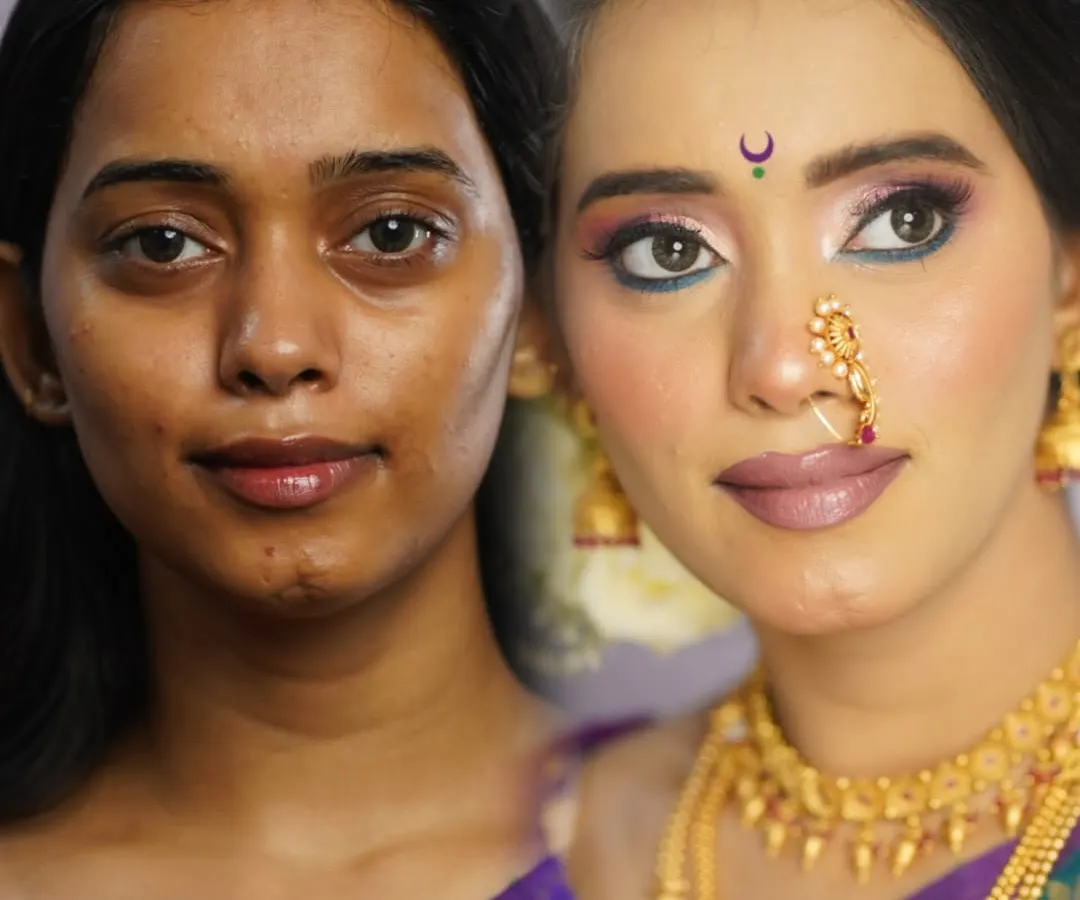 A classic Maharashtrian bridal look, elevated with modern techniques. My focus here was to create a flawless base that enhances her natural beauty while ensuring the traditional elements, like the chandrakor bindi and nath, shine through. This is my "Makeup आहे, पण दिसत नाही" philosophy in action.