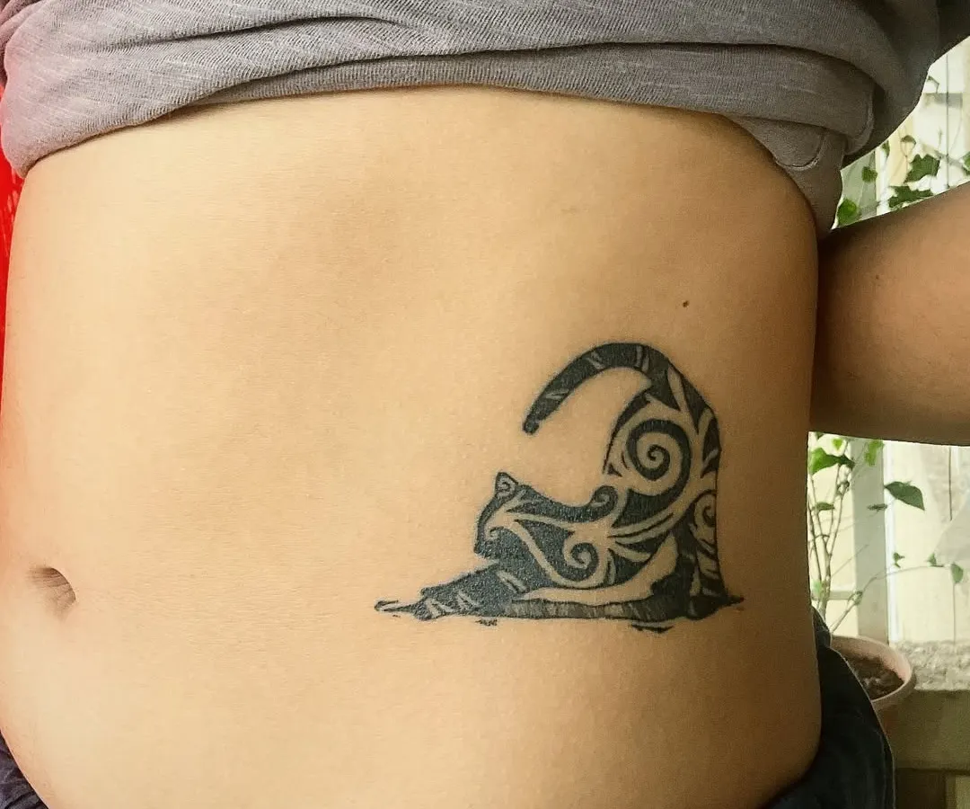 Here’s a healed shot of a custom cat tattoo done in my signature 'Masala Flow' style. You can see the bold, curvy, tribal-inspired linework that gives it a unique, flowing energy on the client's side. This is a great example of my desi-style tattoo art.