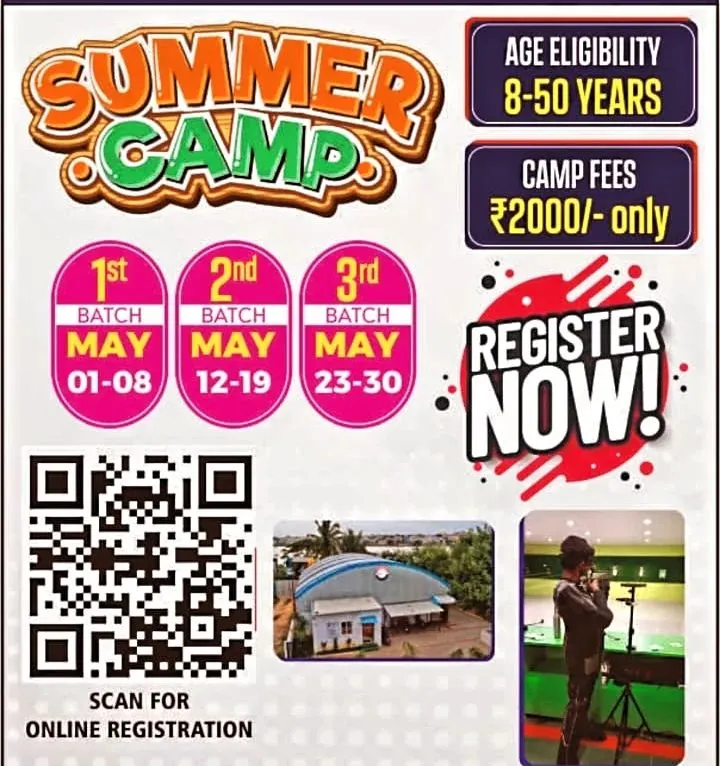 Here are the details for our upcoming Summer Camp. We offer structured batches for beginners aged 8 to 50, providing a perfect entry into air rifle and air pistol shooting.
