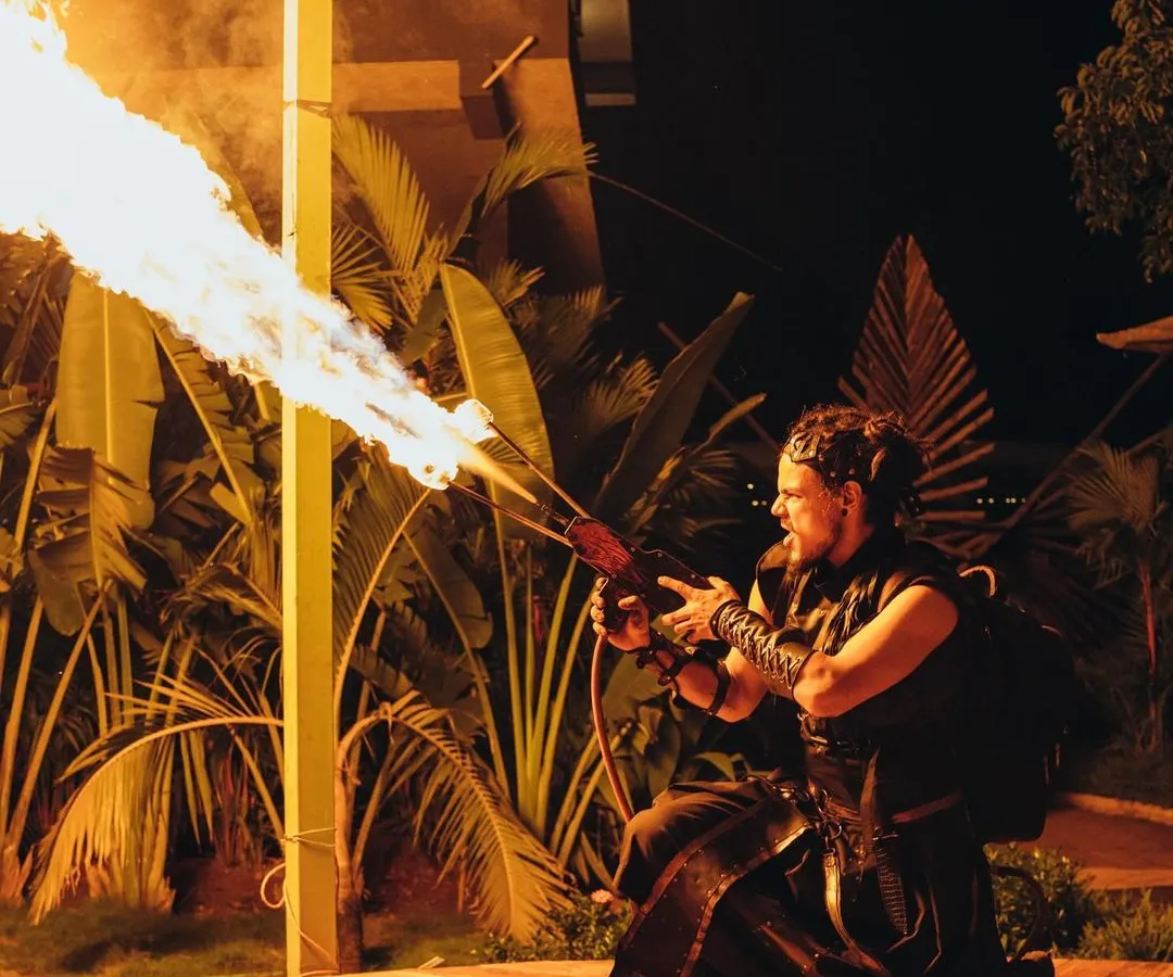 For a high-impact finale or a powerful statement piece, we bring out the fire gun. This custom prop unleashes a controlled jet of flame, creating a breathtaking moment of power and heat that captivates any audience.
