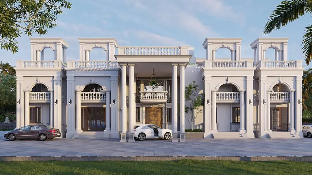 An upcoming project showcasing classical Roman-style architecture with Georgian mouldings and stylish balusters. The design features a grand double-height entrance porch and is set within a landscape that is 75% green space, blending timeless elegance with nature.
