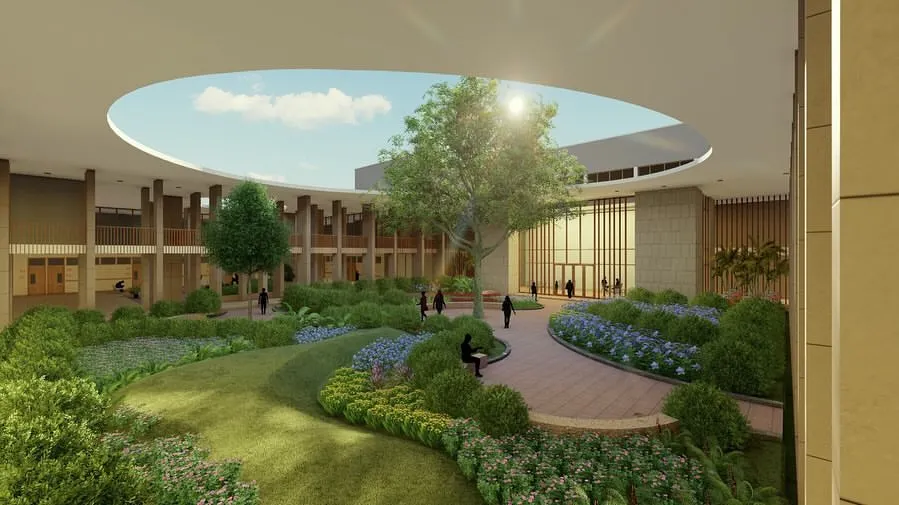 This render of the D.Y. Patil University Rural Health Training Centre illustrates our approach to healing architecture. The central courtyard is designed as a lush, green sanctuary that promotes natural ventilation and daylight, creating a serene environment essential for patient recovery and staff well-being.