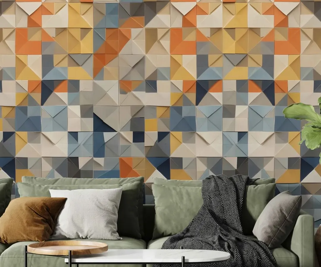 Here is how my 3D geometric peel and stick wall panels can create a stunning accent wall. This setup shows how the tiles' vibrant colors and unique texture complement contemporary furniture, instantly elevating the entire living space.