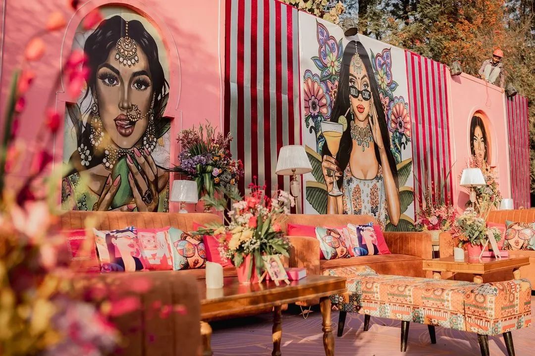 A Mehendi should be full of life and colour! I created this vibrant, pop-art inspired lounge area with custom backdrops and plush velvet seating. It’s a playful and chic space where guests can relax, mingle, and create unforgettable memories.