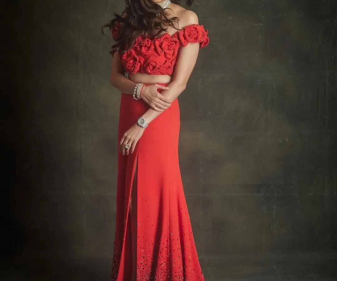 For a truly breathtaking moment, this red Maison Valentino gown is everything. The off-shoulder neckline with rose detailing and the sparkling gradient on the skirt is the definition of elegance and comfort for any high-profile event.