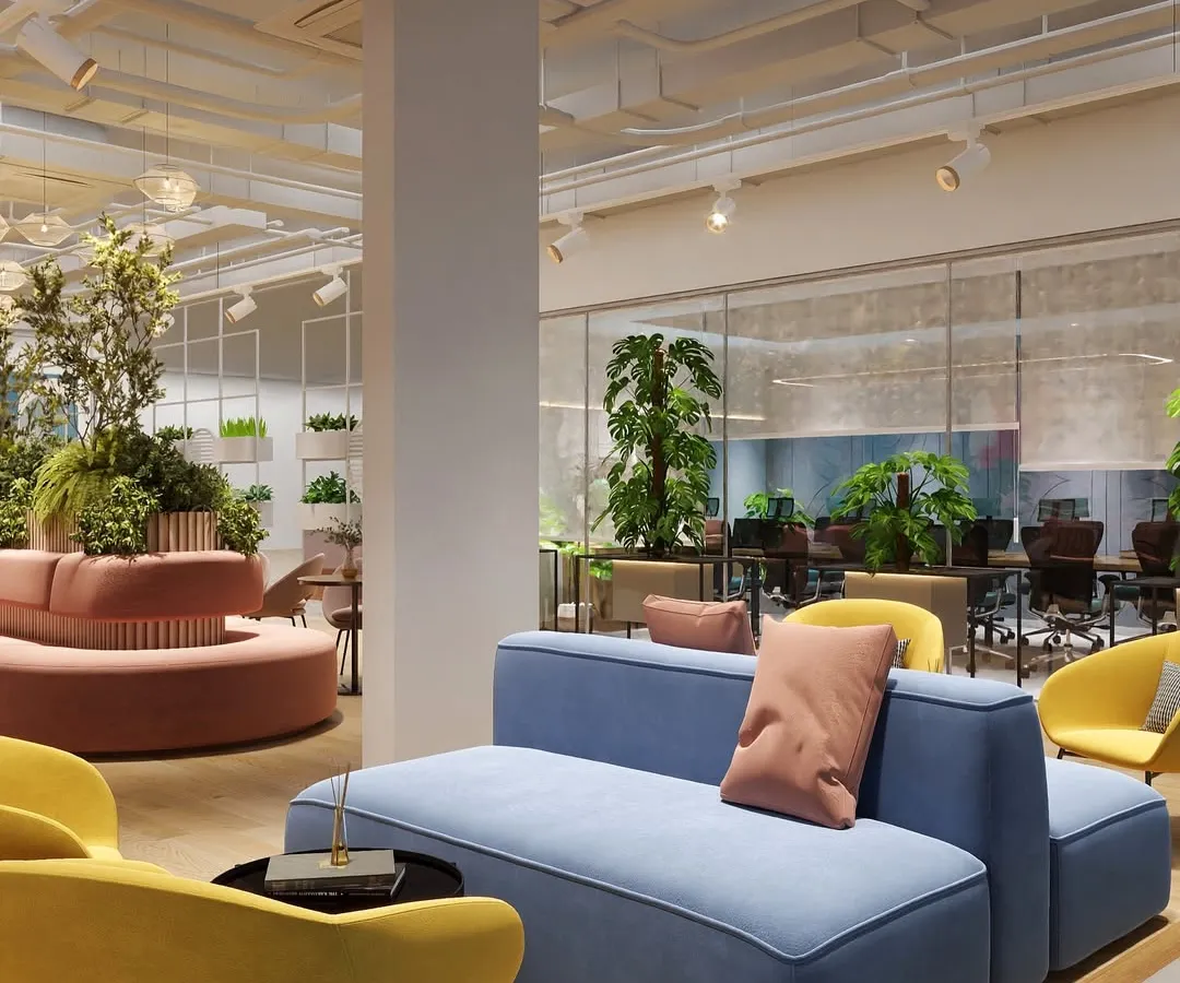 This is a design concept for a vibrant breakout area in a large coworking project. The goal was to create an inviting, energetic space using plush, colorful seating and abundant greenery, making it the perfect spot for both creative brainstorming and relaxed conversation.