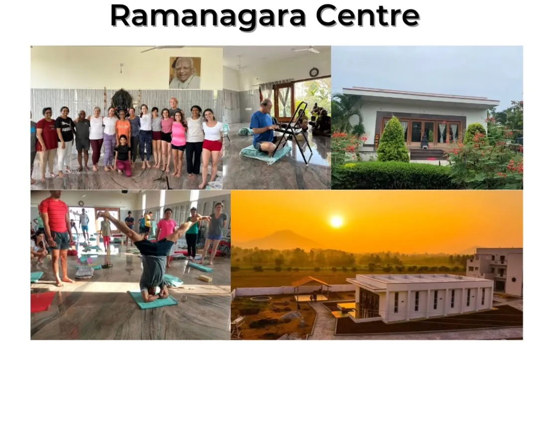 This is our Prashant Yogashraya Ramanagara Centre, a place for total immersion in yoga. The collage shows our serene practice hall, the natural surroundings, a group of dedicated students, and a glimpse into our prop-based practice.