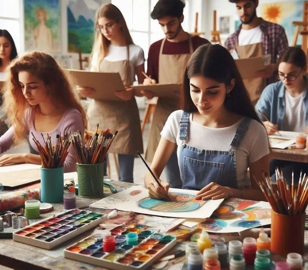 Our studio is a space for focus, learning, and community. Here, students are deeply engaged in a watercolor session, receiving personalized guidance to help bring their artistic visions to life.