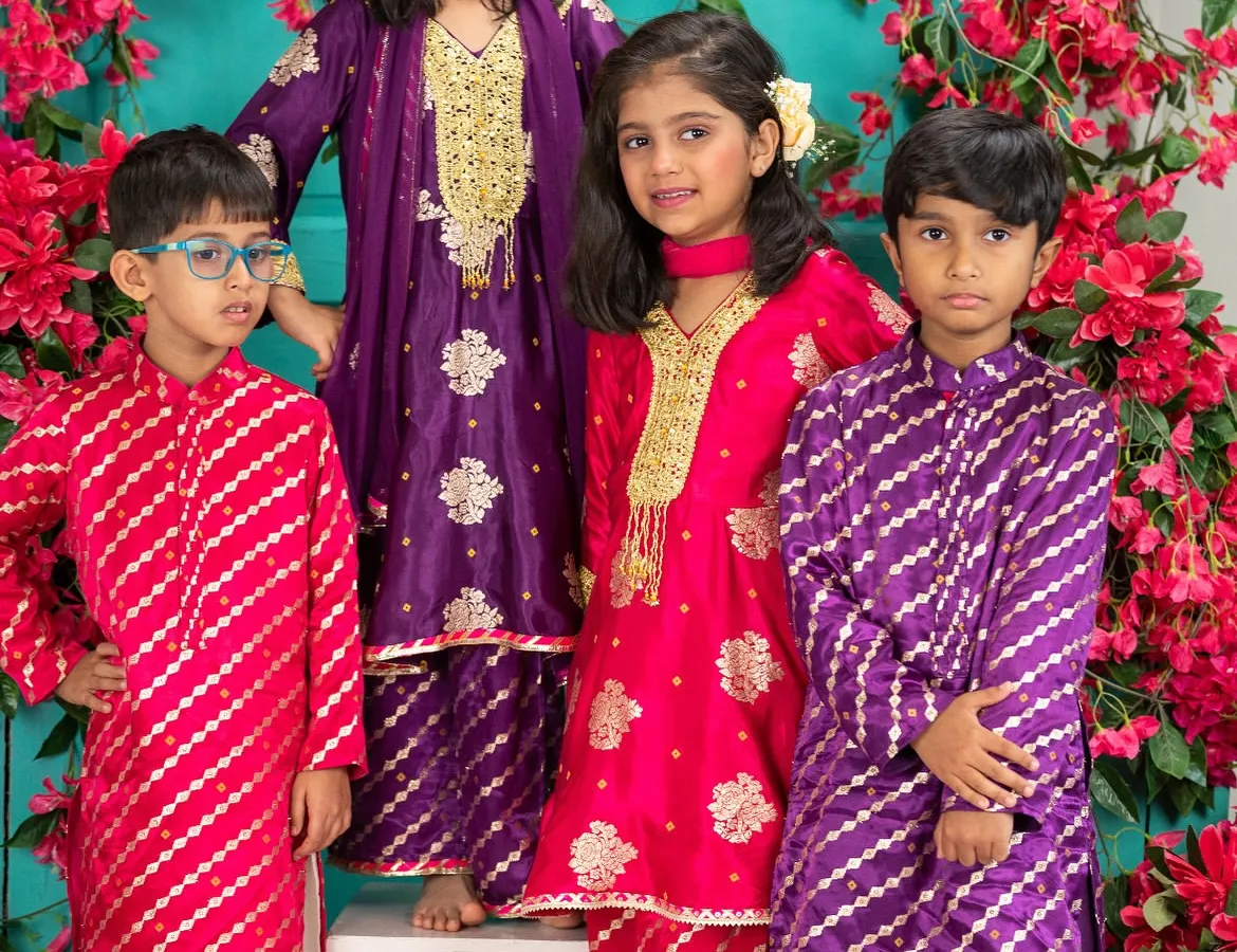 Nothing makes a festival more special than seeing siblings celebrate together. I love creating these coordinated looks in rich jewel tones, like these fuchsia and purple sets, perfect for making Rakhi or Diwali memories.