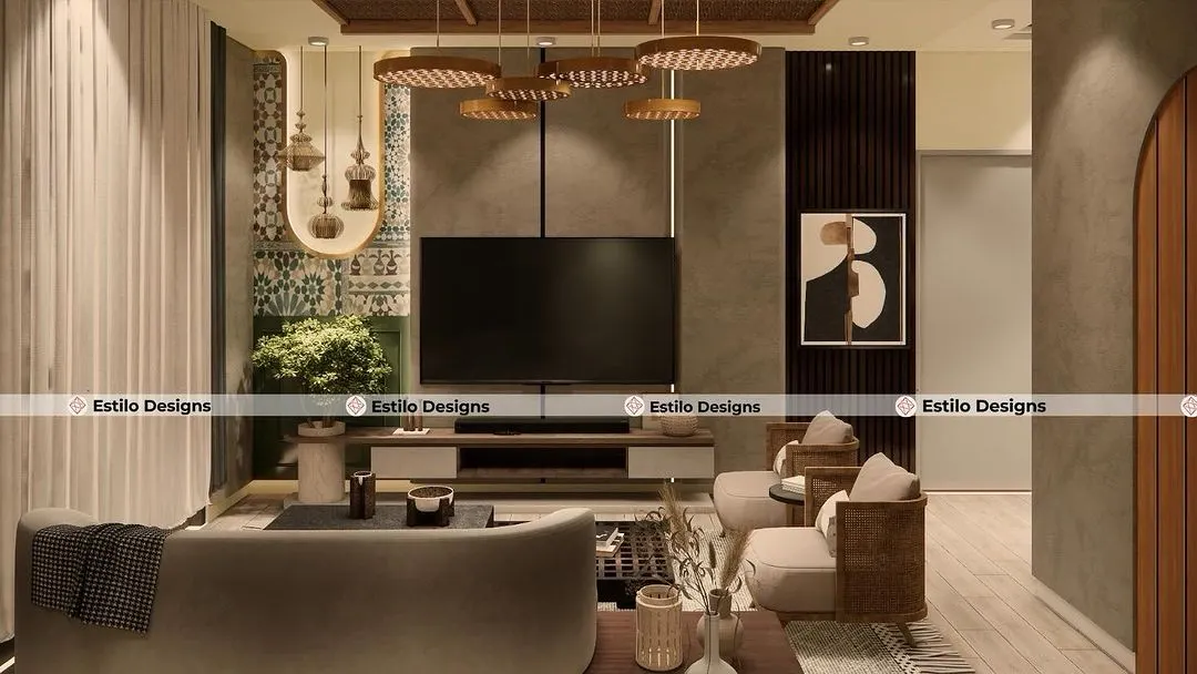 For this 4 BHK house, I designed a living room that feels both modern and deeply connected to Indian roots. The space combines contemporary furniture with traditional patterns and textures, creating a warm, inviting area for the family to gather.