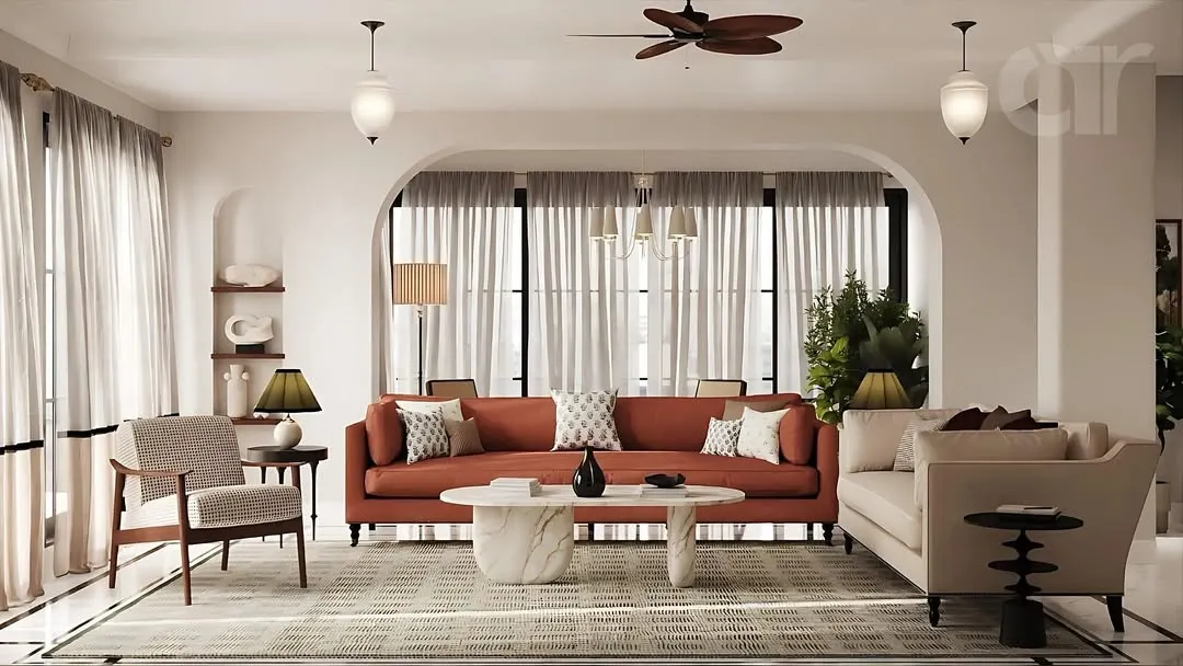 This living room embodies my minimalist philosophy where less is more. I used a palette of warm terracotta and soft neutrals to create a peaceful atmosphere, while the arched recesses and sculptural coffee table add character without overwhelming the space, creating a seamless connection between indoors and out.
