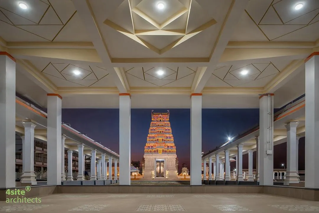 For the Shiva Temple Complex, I aimed to create a modern spiritual journey rooted in tradition. This view from the entry pavilion frames the main temple at dusk, using contemporary design to evoke a sense of timeless reverence and tranquility.
