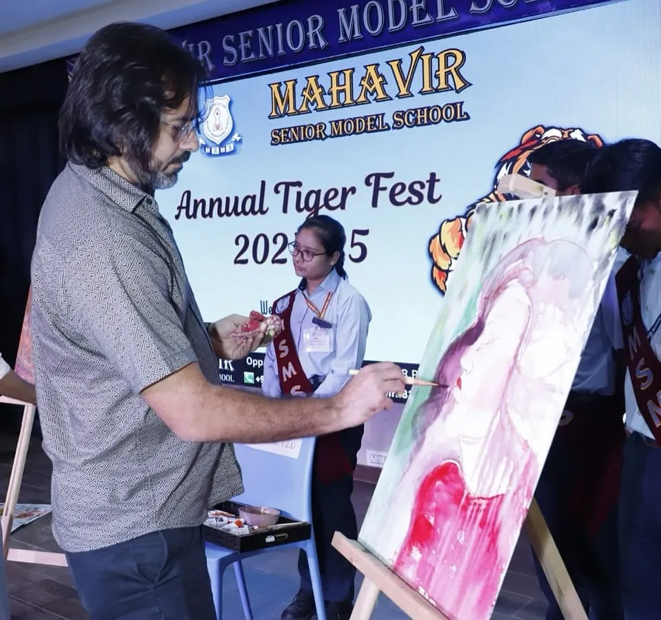 Here I am in my element, creating a painting live during the Annual Tiger Fest at a school. I love the energy of painting in front of a crowd, starting with a blank canvas and creating a finished piece that captures the spirit of the event. This is the core of my live art service.