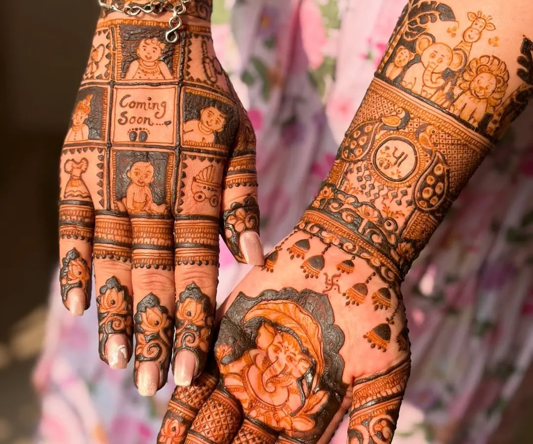 Celebrating a new beginning with a special baby shower mehendi. I love adding cute details like baby announcements, tiny footprints, and cradles to make it extra memorable for the mom-to-be.