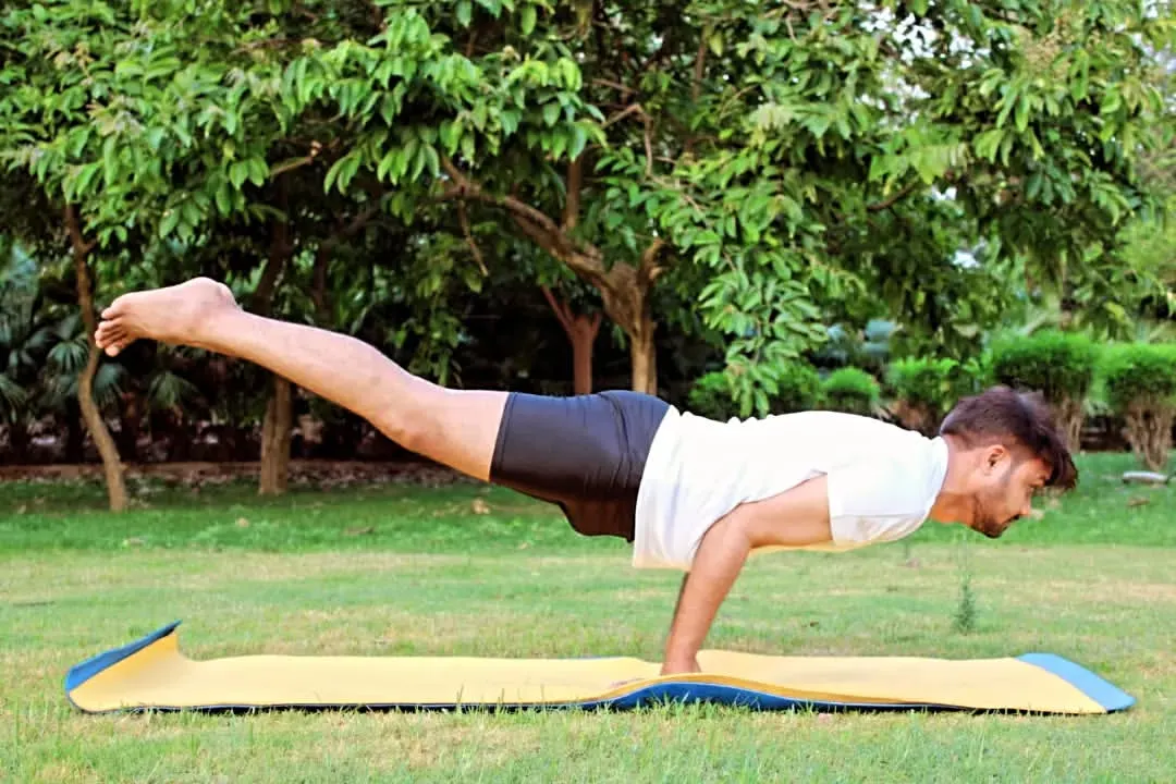 This is Mayurasana (Peacock Pose), an advanced arm balance that requires significant core strength, balance, and focus. It's a powerful demonstration of how consistent practice can train the body and mind to work in complete harmony.
