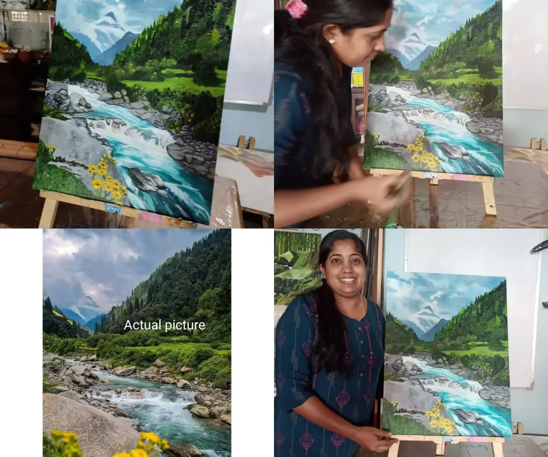 I am incredibly proud to see a student's work come to life with such realism. Here, Ashwini Anil stands with her completed oil painting, a stunningly accurate landscape of Manali, placed right next to the original photograph she worked from. This is a testament to the skills developed in my realistic oil painting course.