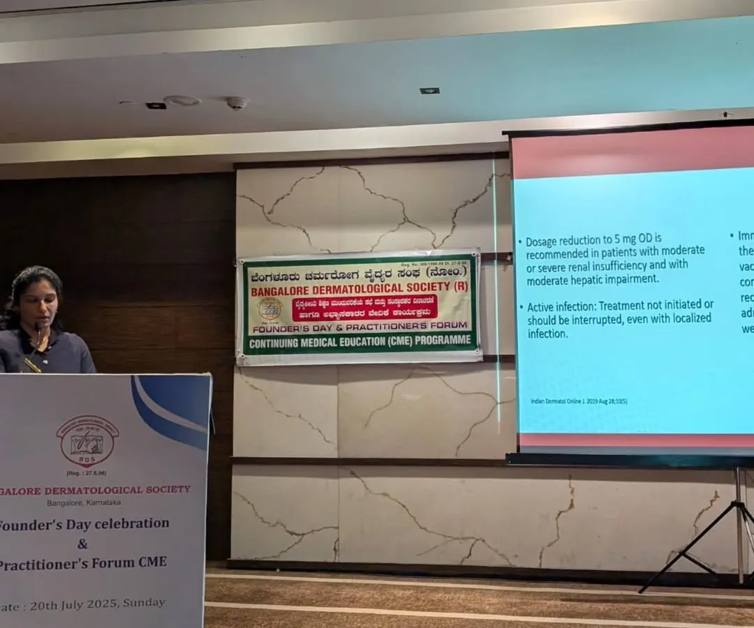 Here I am presenting a talk on advanced dermatological treatments at a Continuing Medical Education (CME) event for the Bangalore Dermatology Society. Sharing knowledge with my peers is a vital part of my commitment to advancing the field and ensuring the highest standards of care.