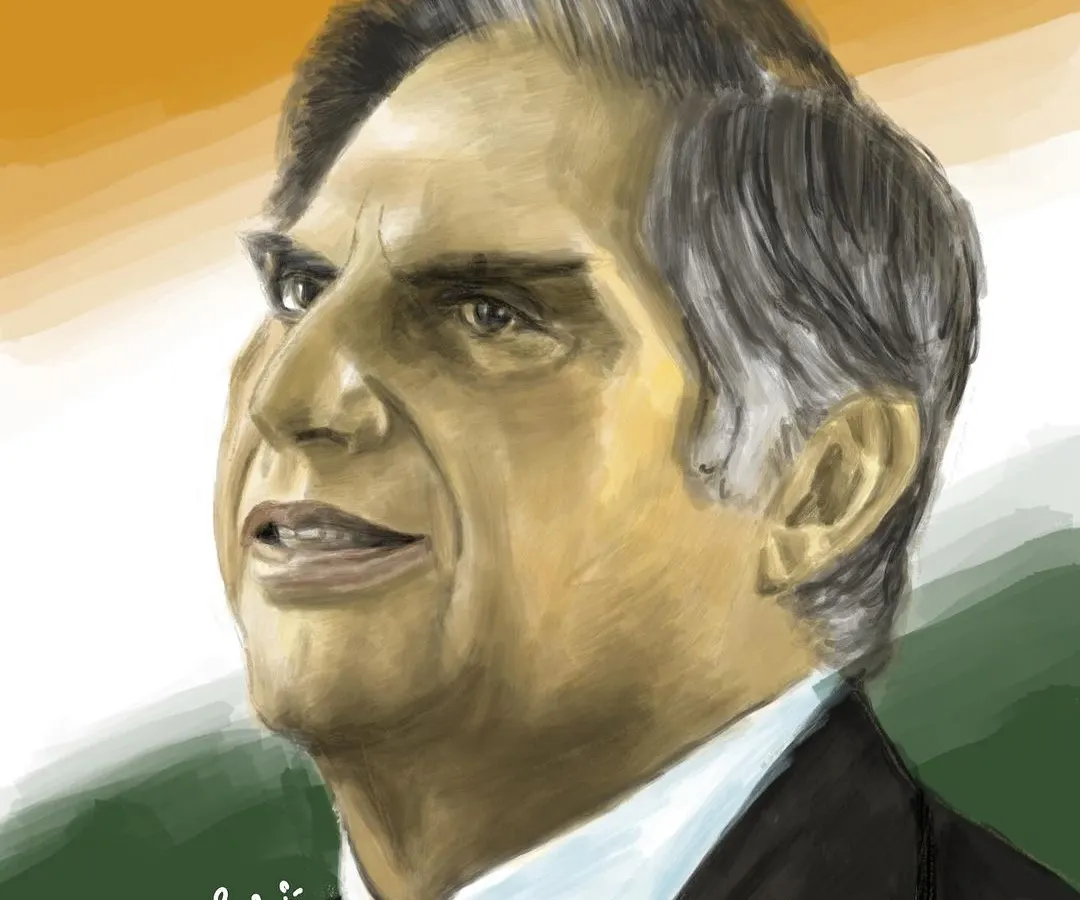A finished digital portrait of the legendary Ratan Tata, painted with rich colors against the backdrop of the Indian flag. This style is perfect for creating a powerful and timeless tribute or a personal keepsake with a realistic feel.