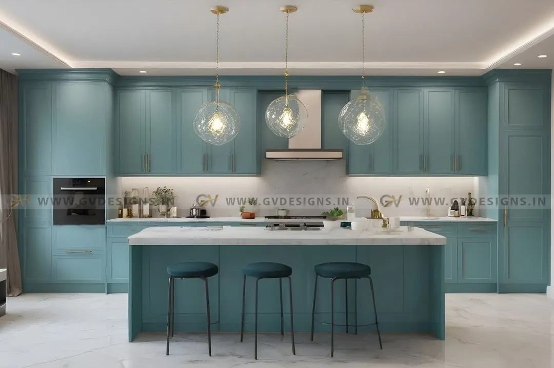 This vintage-inspired kitchen is a testament to our belief that modern functionality and classic charm can coexist beautifully. We used a refreshing teal duco finish on the shaker-style cabinets, complemented by elegant pendant lighting and a marble-topped island, creating a timeless yet contemporary culinary space.