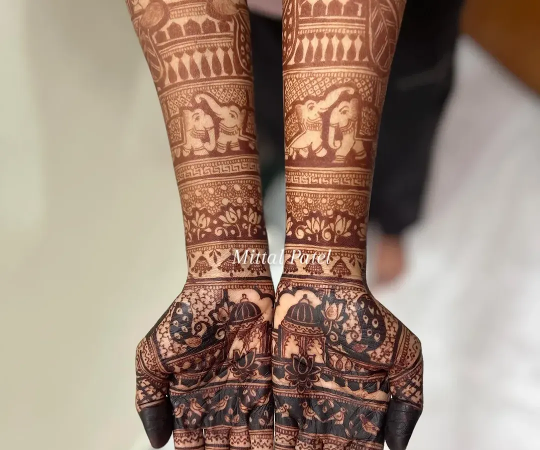 This is the result of my all-natural henna paste and proper aftercare. I guarantee a deep, long-lasting stain that makes the intricate details of your bridal mehndi, like these royal elephants and peacocks, truly stand out on your special day.