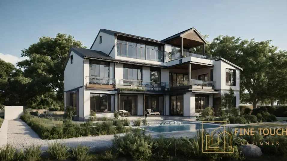 This is a 3D concept for a modern multi-level villa, designed to maximize natural light and outdoor connections. The design features extensive glazing, multiple balconies, and a poolside terrace, creating a home that is perfect for contemporary living.