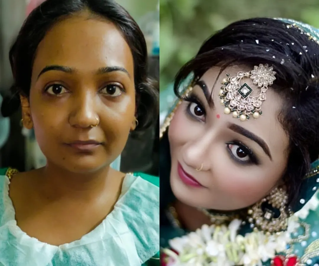 The before and after shows the power of makeup to bring out your inner radiance. For this beautiful bride, we went with a glamorous look featuring bold smokey eyes and a flawless base that looks stunning both in photos and in person.