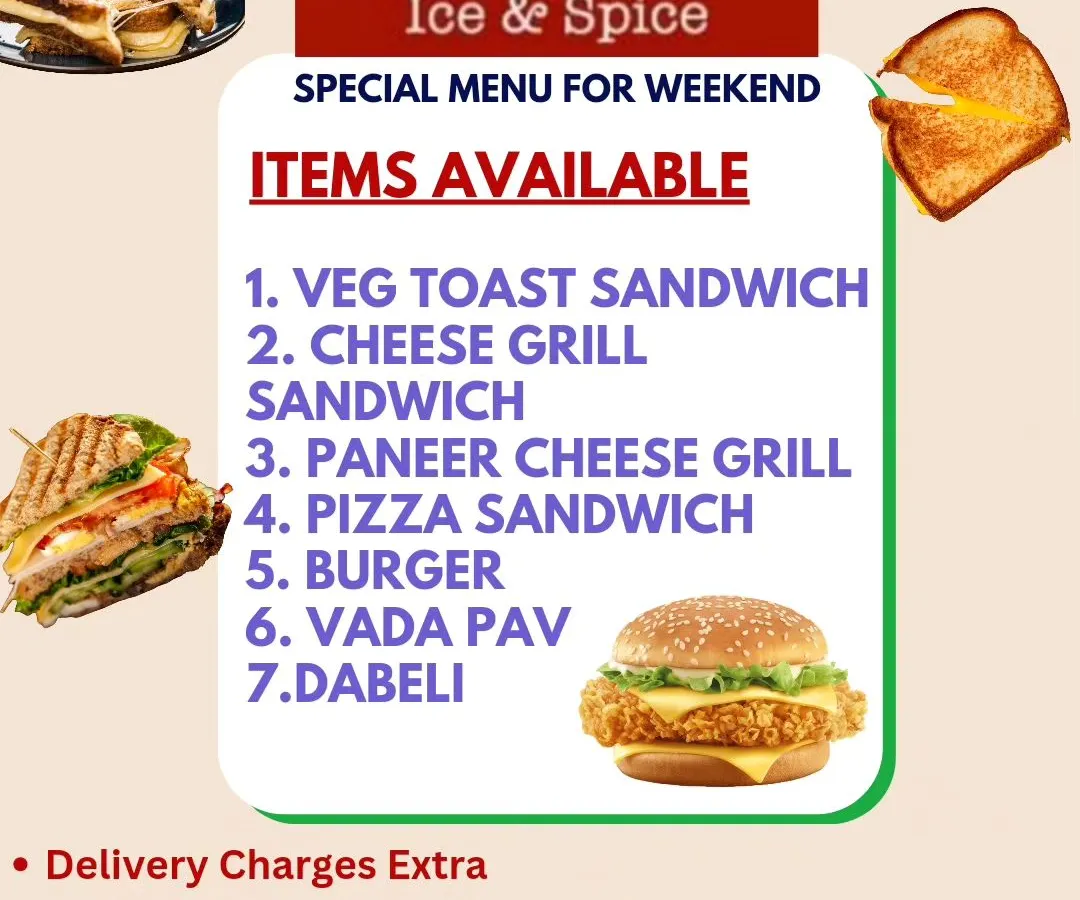 For your weekend parties or casual get-togethers, I offer a range of popular snacks. This menu includes homemade Vada Pav, Dabeli, and a variety of grilled sandwiches, all made fresh to order for your event.