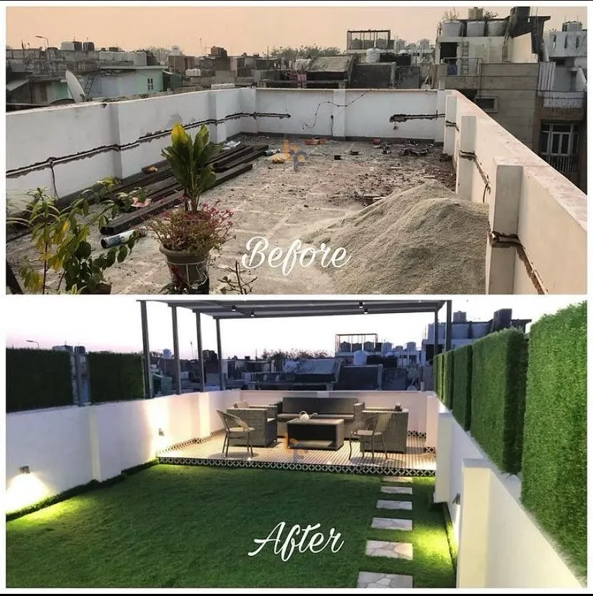 The 'Before and After' is where our work speaks for itself. We turned this empty, unused rooftop into a lush green lawn with a stylish pergola seating area, perfect for relaxing or entertaining.