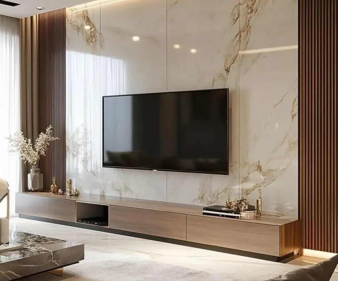 A perfect example of a luxurious yet functional living room. The floor-to-ceiling marble-finish TV wall creates a stunning focal point, complemented by warm wood paneling and integrated lighting. This design balances high-end aesthetics with practical storage solutions for a clean, modern family space.