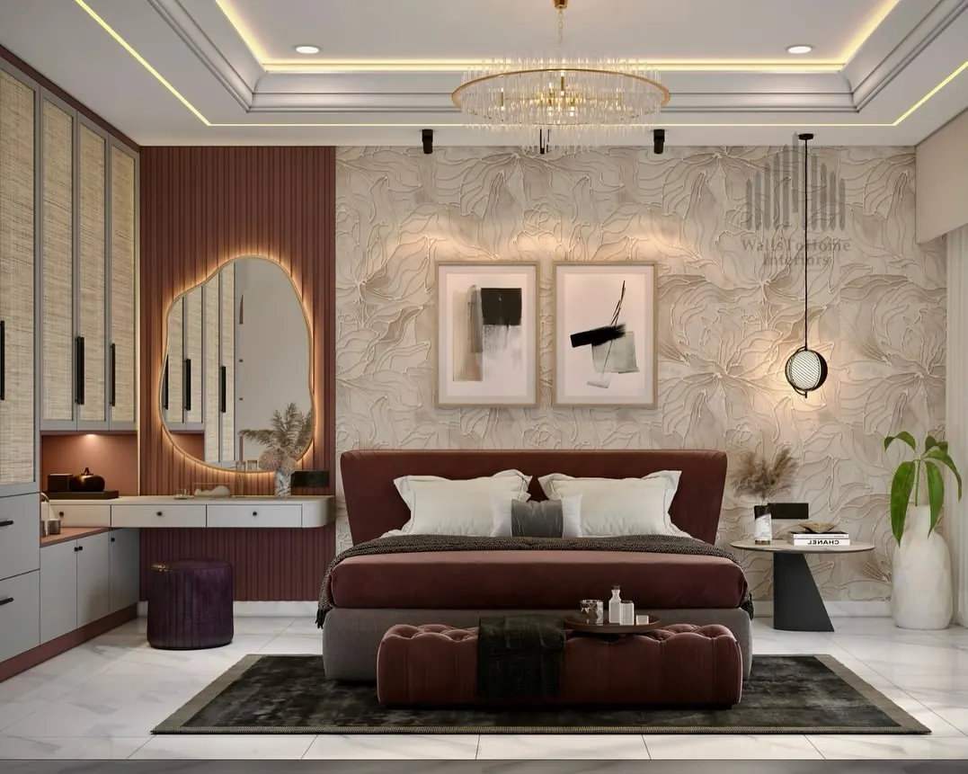 Your bedroom should be a personal sanctuary of serenity and style. We designed this master suite with a rich, royal color palette, a statement headboard, and custom wallpaper to create an atmosphere of pure opulence. Notice the layered lighting and textures that add depth and comfort.