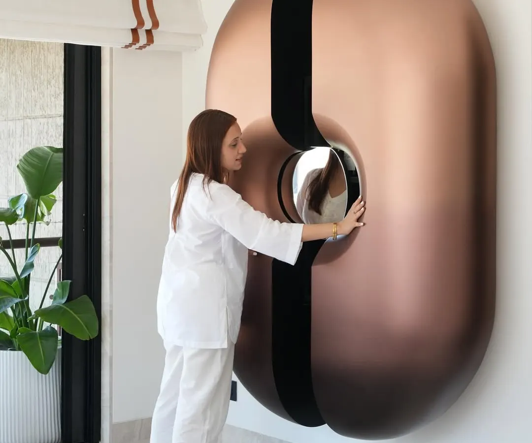 This is our viral statement bar unit, a piece of functional art. Designed for our Evelyn duplex project, its pod-like structure with an ombre finish slides open to reveal a fully functional bar, complete with smart storage and a mirrored counter. It’s a conversation starter that blends innovation with luxury.
