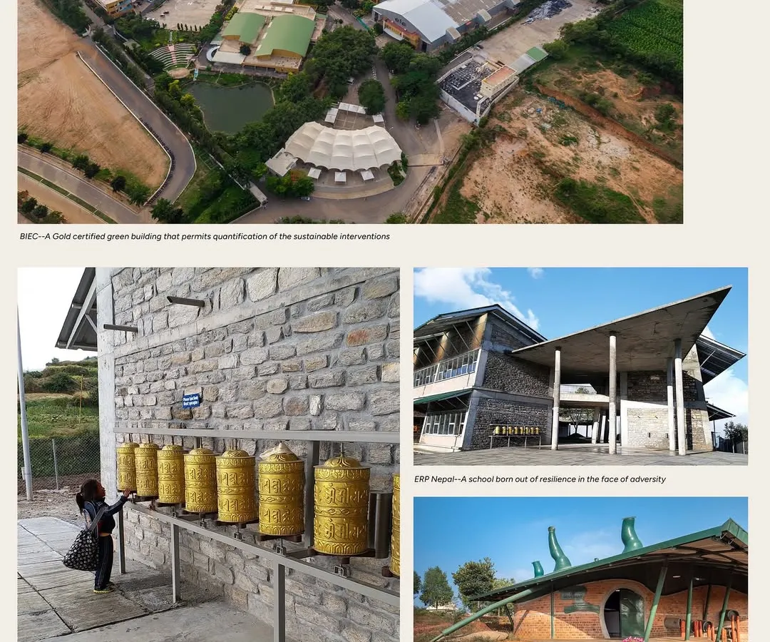 This collection of images speaks to the heart of our work. It features an aerial view of the BIEC's sustainable green roof, a prayer wheel in Nepal scaled for a child's touch, and the organic, termite-mound-inspired form of the Bio Diversity Centre at the Agastya Foundation.