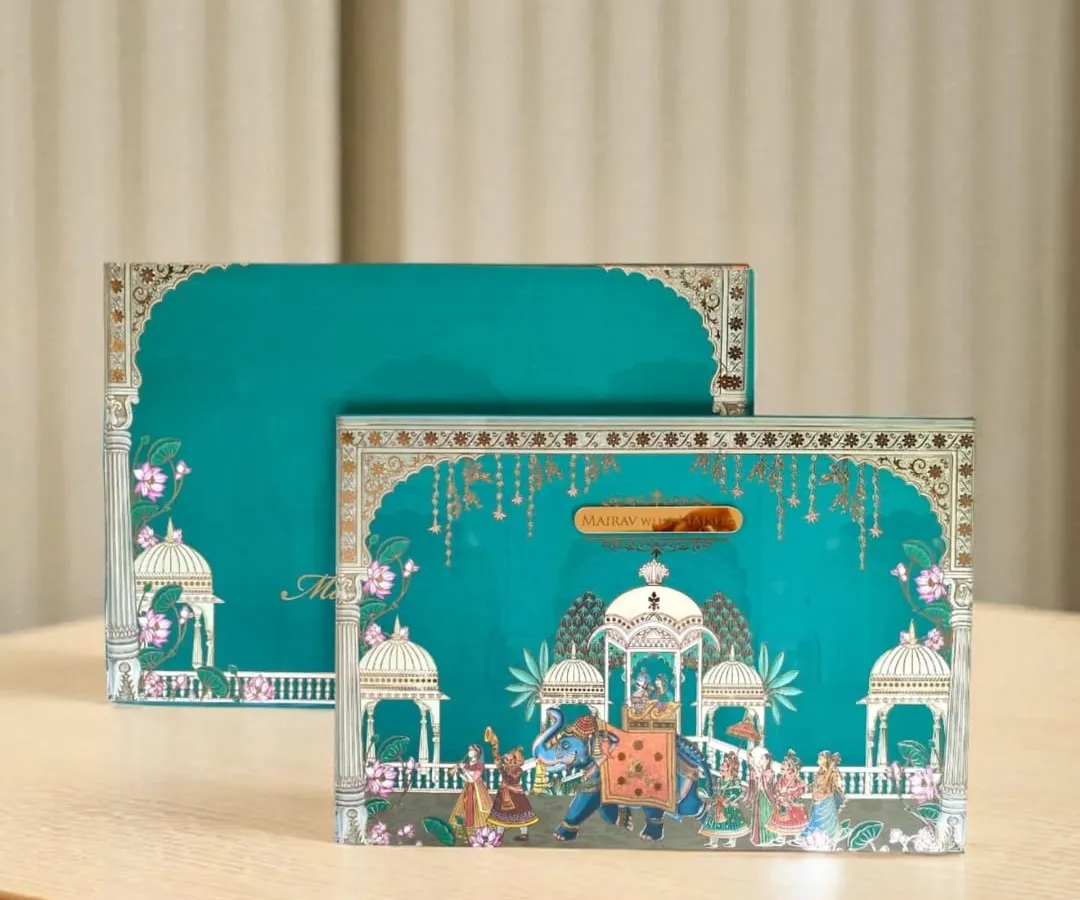 For a grand and traditional statement, I created this Pichwai-themed invitation. The rich teal and intricate artwork, featuring a royal procession, are printed on high-quality cardstock to announce your celebration with regal flair.