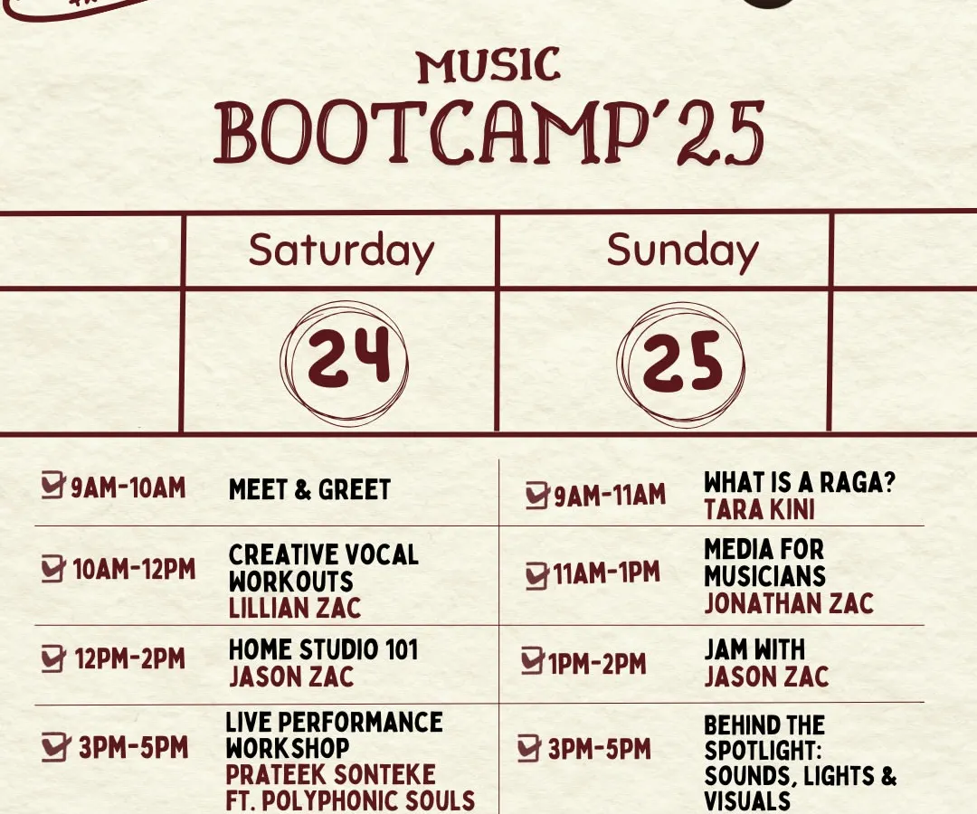 Get ready for our Music Bootcamp '25. This is a full weekend packed with over 15 hours of hands-on learning, from vocal workouts and home studio basics to live performance training. It's an immersive experience designed for all skill levels to connect, learn, and create together in Bangalore.