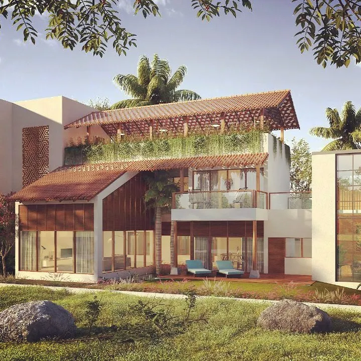 For this upcoming residence in Bangalore, we embraced a vernacular approach with sloped tile roofs and layered green terraces. The design is carefully sited to overlook a neighborhood lake, making the natural view an integral part of the home.