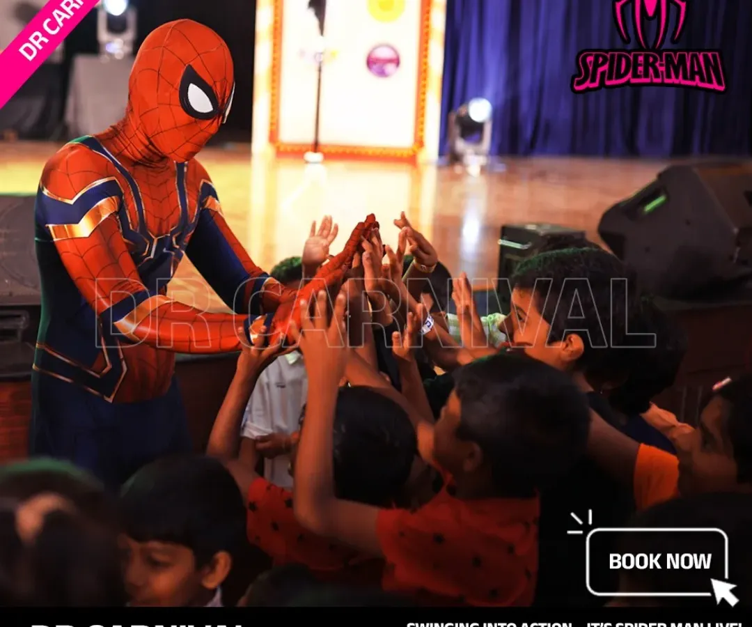 Our Spiderman doesn't just pose, he brings the action! Here he is, fully engaging with a group of young fans, creating a core memory for every child at this superhero birthday party. This interactive experience is what makes our character appearances stand out.