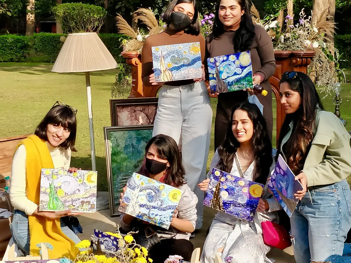 We bring the art party to you. Here’s a beautiful day spent painting Van Gogh's 'Starry Night' in an outdoor garden setting in Delhi. Perfect for a private gathering with friends or family.