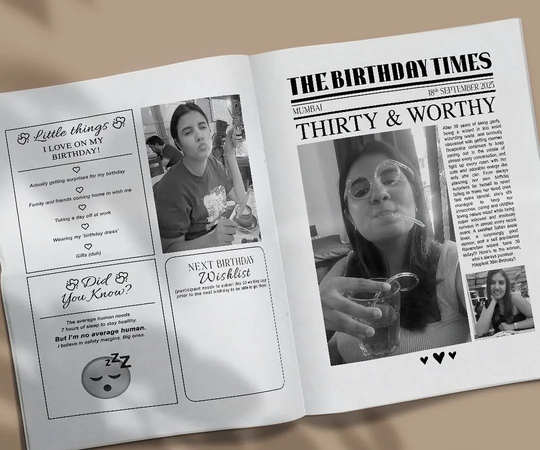 It’s not just for weddings. I had so much fun creating this 'The Birthday Times' for a 30th birthday bash. We filled it with inside jokes, a 'Did You Know?' section, and a wishlist for the next year, making it a super personal party favor.